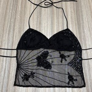 Y2K Vintage Black Beaded/Mesh Butterfly Halter Tank Top Tie Back Size Small